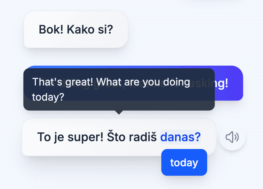 Interactive translation tooltips showing word-by-word and full sentence translations